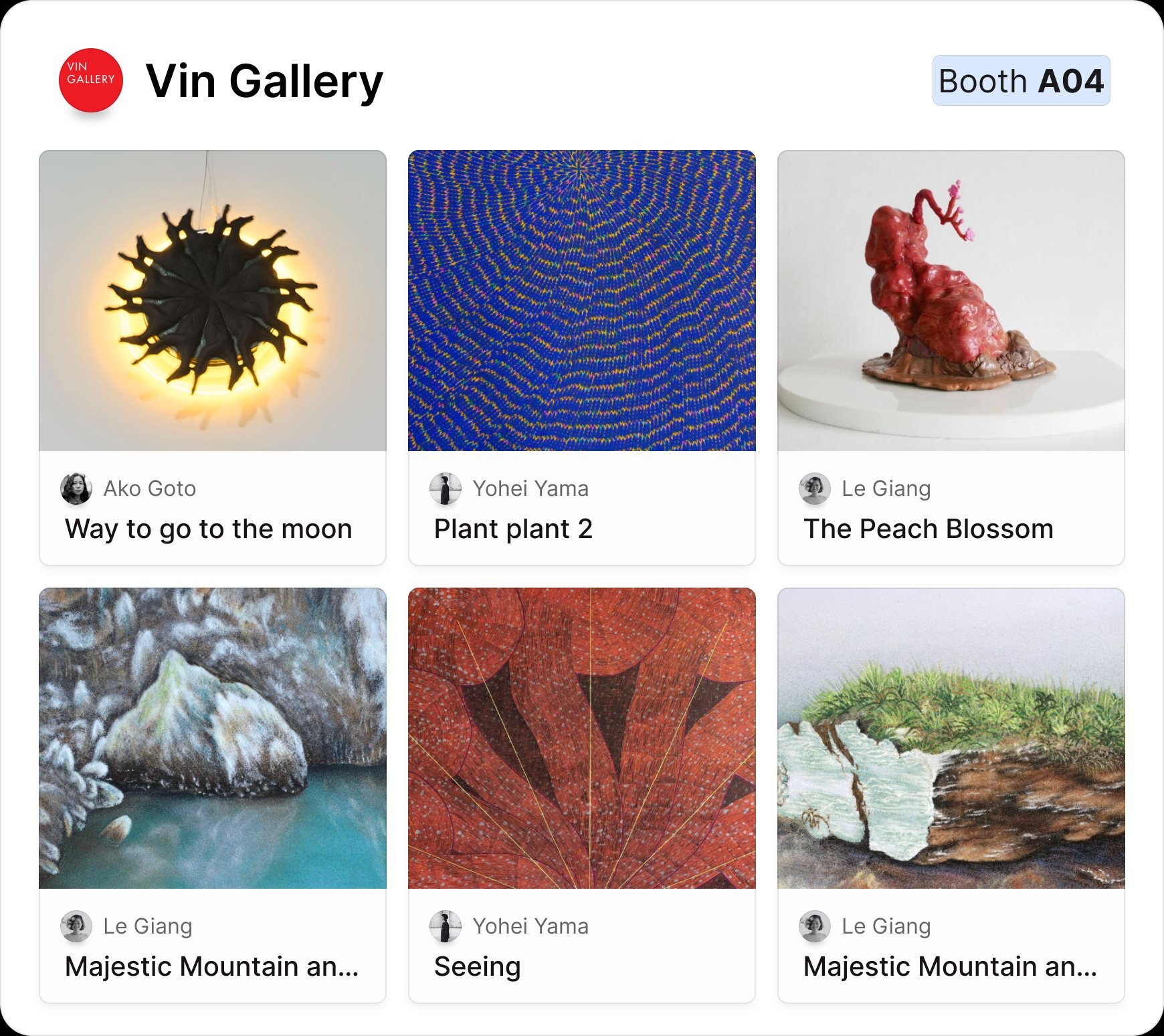 Exhibitor page on Cohart showing Vin Gallery artwork grid and booth number