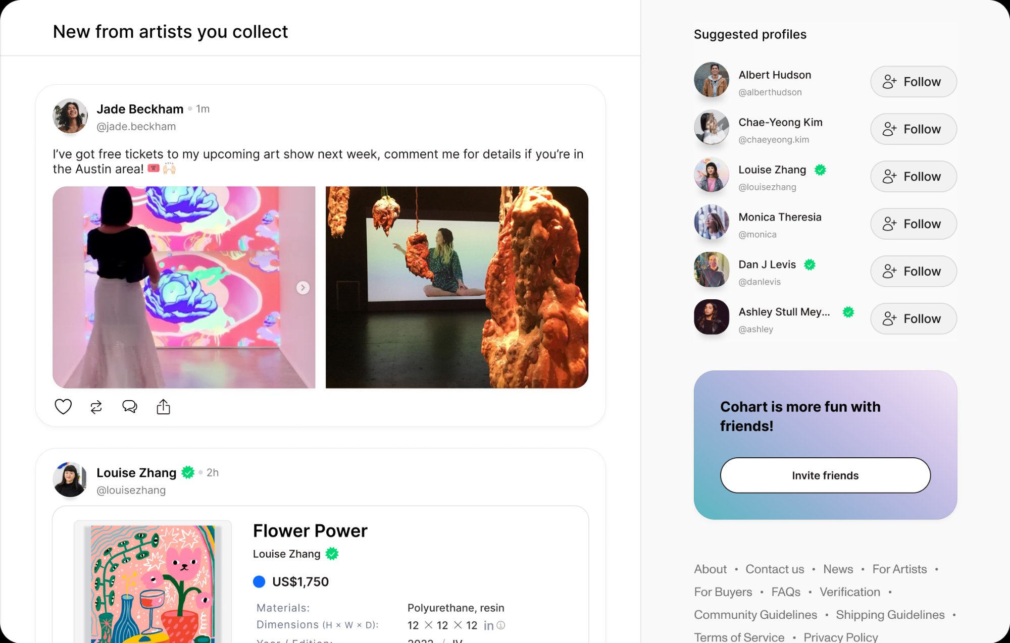 Artist feed showing new posts and suggested profiles